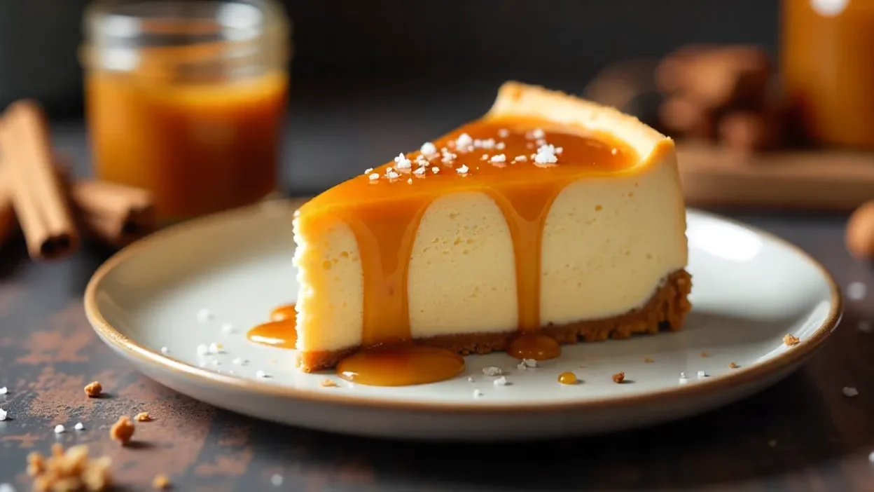 Slice of salted caramel cheesecake with caramel drizzle and sea salt on a plate.