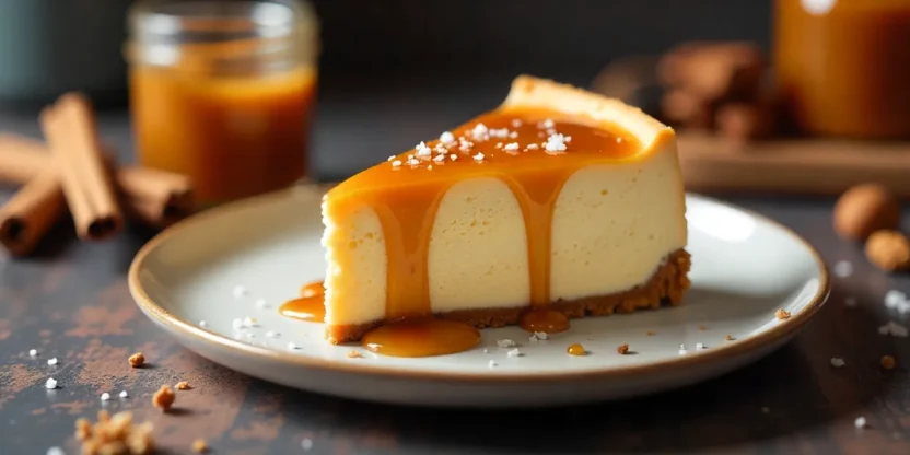 Slice of salted caramel cheesecake with caramel drizzle and sea salt on a plate.