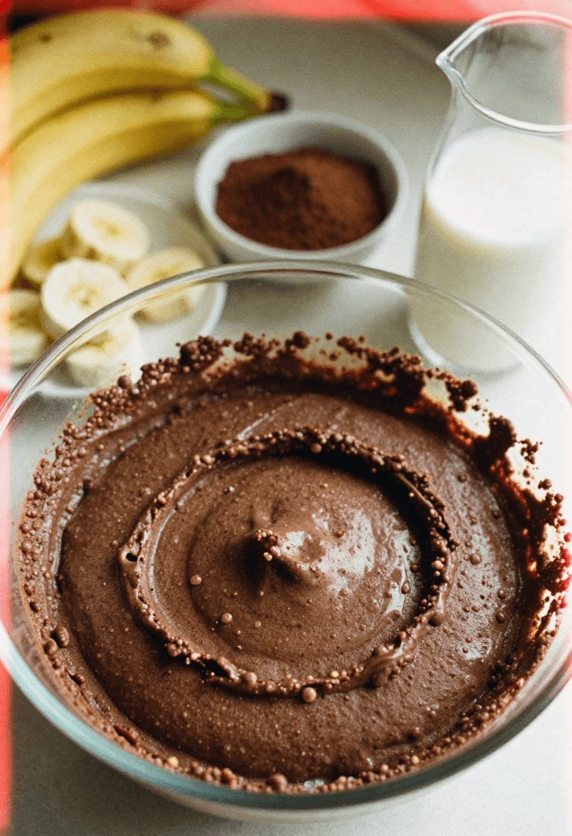 Chocolate banana pancake batter in a bowl with bananas and cocoa, ready to cook.