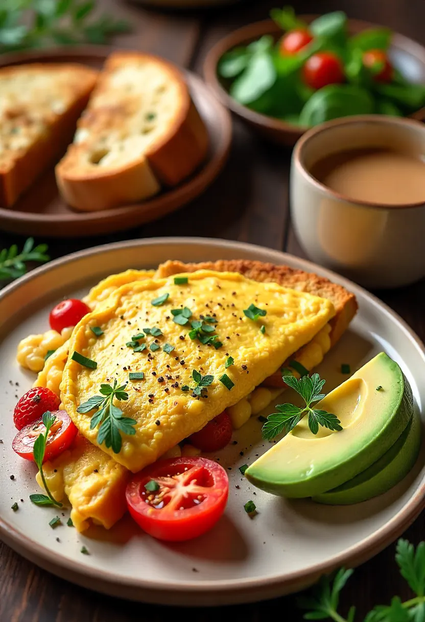 Collage of omelette sides: toast, avocado, salad, fruit, roasted tomatoes, and coffee.