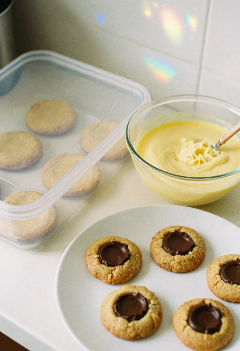 Chocolate thumbprint cookies unfilled, custard in a bowl, and assembled on a plate, ready to serve.