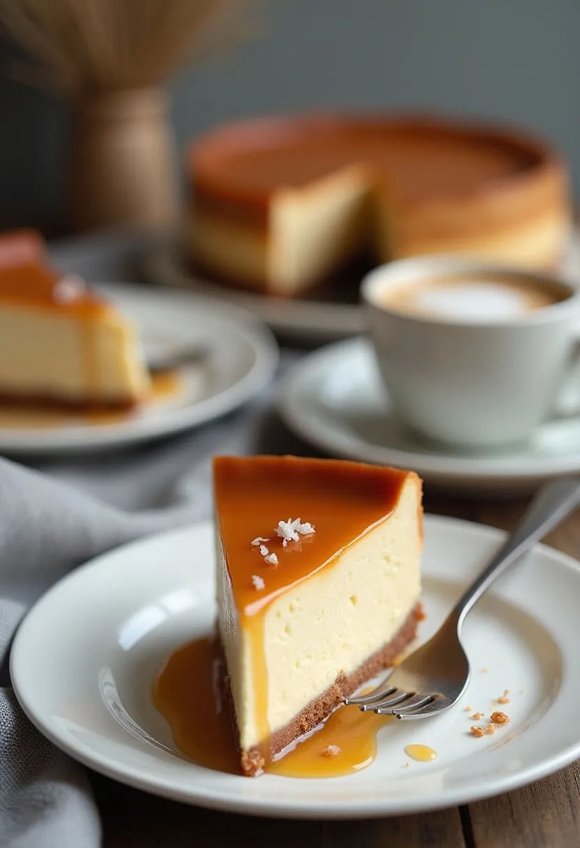 Slice of salted caramel cheesecake on a plate with caramel drizzle, sea salt, and a cup of espresso.