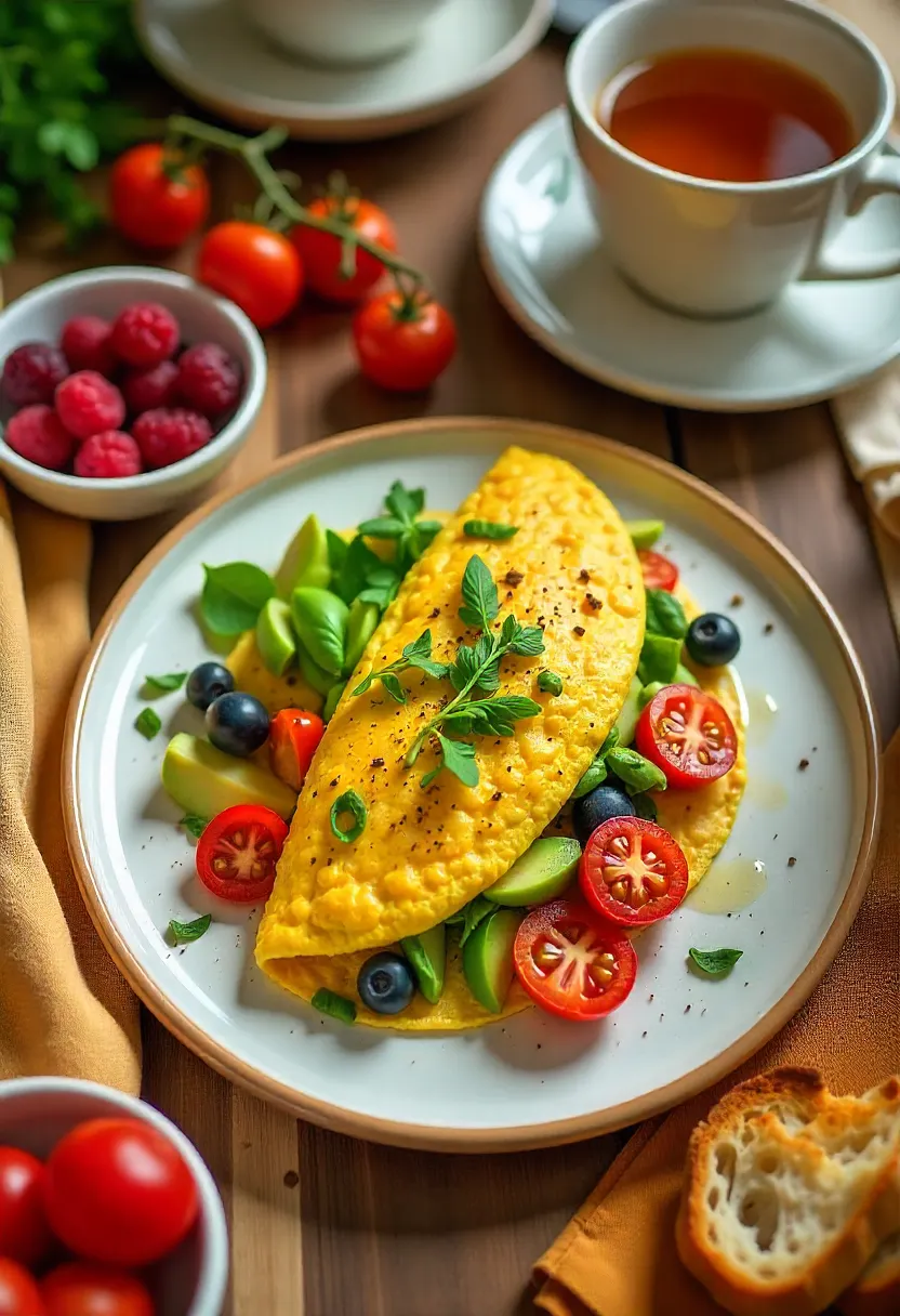 Veggie and avocado omelet served with toast, berries, yogurt, and coffee for breakfast.