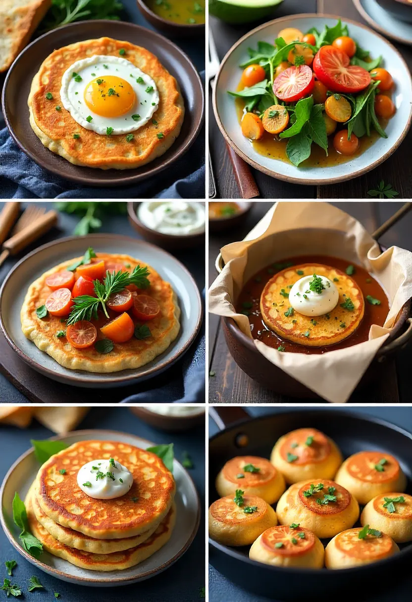 Collage of potato pancakes served for breakfast, lunch, dinner, and appetizers, plus storage and reheating elements.