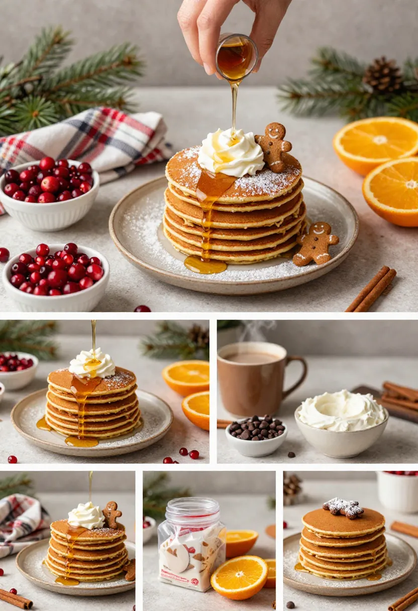 Stack of gingerbread pancakes with toppings like whipped cream, syrup, berries, and chocolate chips in a cozy winter setting.