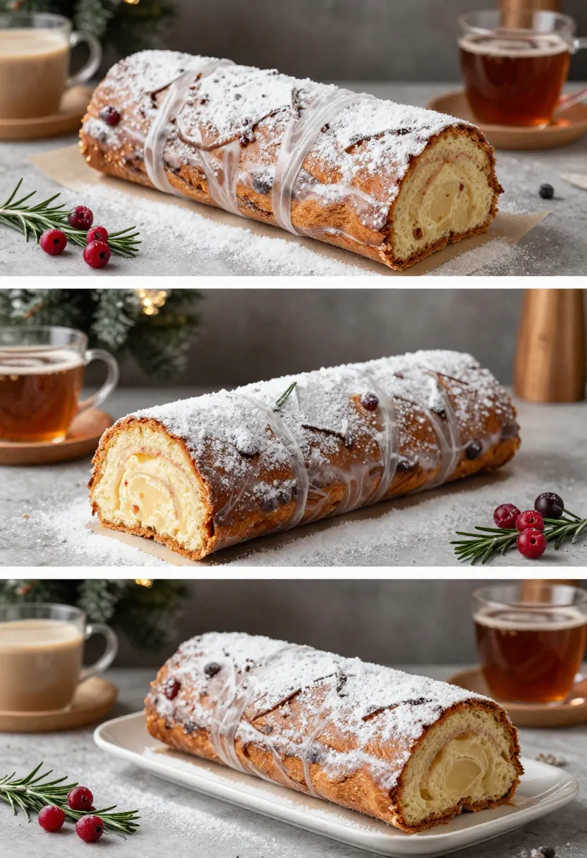 Collage showing Yule Log storage, thawing, and serving with festive decorations and drinks.