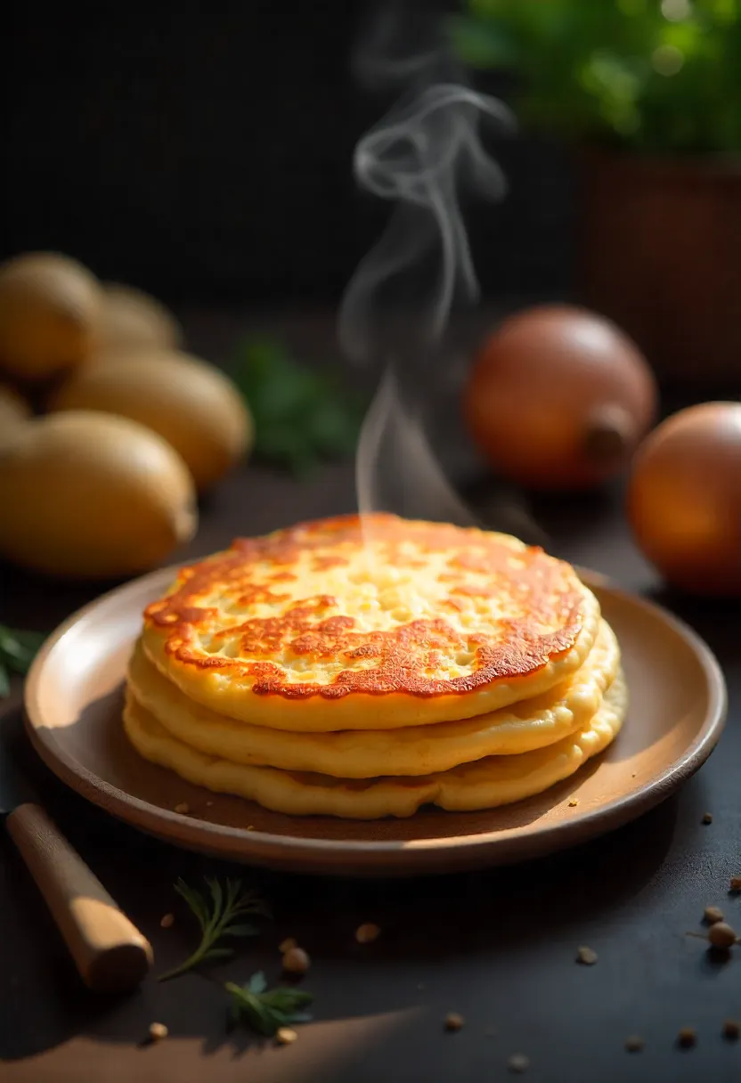 Golden crispy potato pancake with steam rising, surrounded by potatoes, egg, and onion in a cozy kitchen.