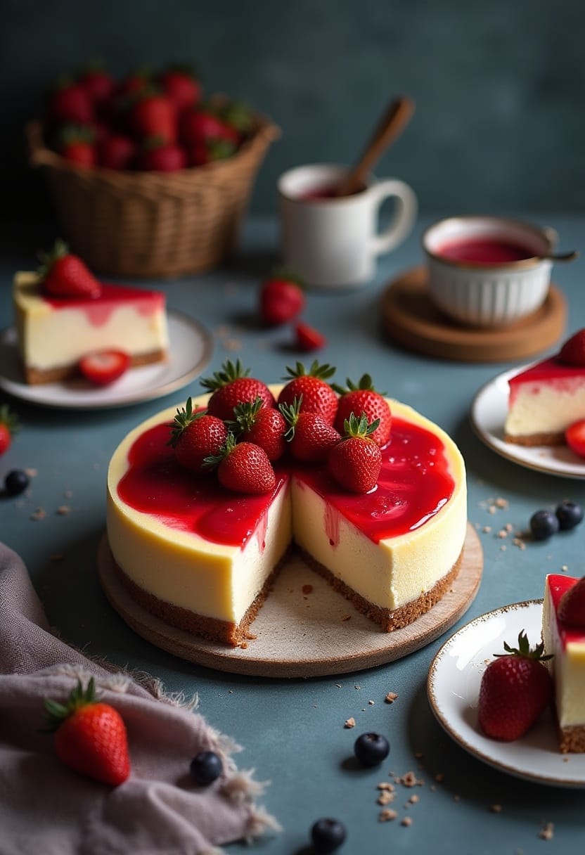 Collage showing a fully decorated strawberry cheesecake with slices, fresh berries, and a cozy serving scene.