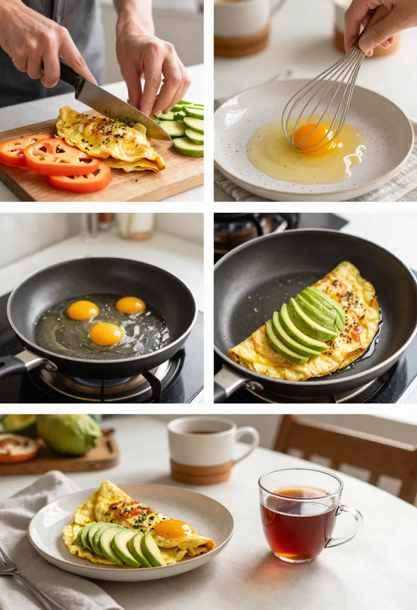 Morning ritual collage with veggie and avocado omelet, vegetables, and coffee.