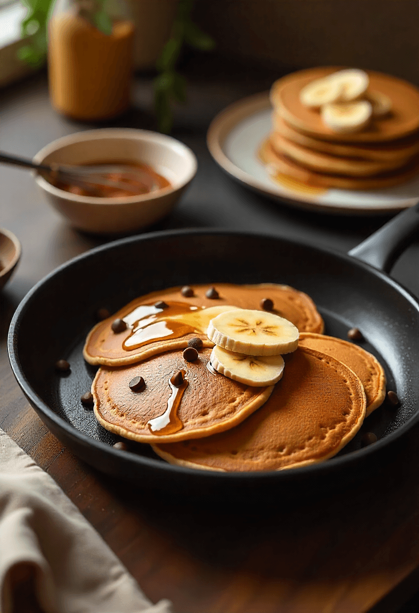 Chocolate banana pancakes cooking with batter and ingredients in a cozy kitchen scene.