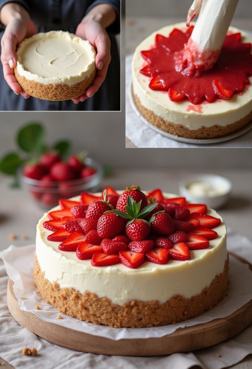 Collage showing homemade strawberry cheesecake with hand-pressed crust, creamy filling, glossy strawberries, and decorative touches.
