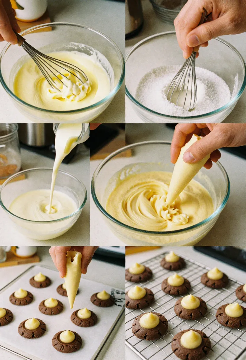 Chocolate thumbprint cookies being made step by step with custard filling in a cozy kitchen collage.
