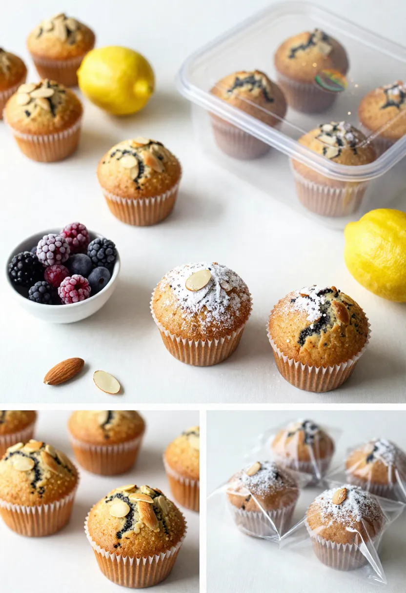 Almond poppy seed muffins with berries, almonds, powdered sugar, and storage for freshness.