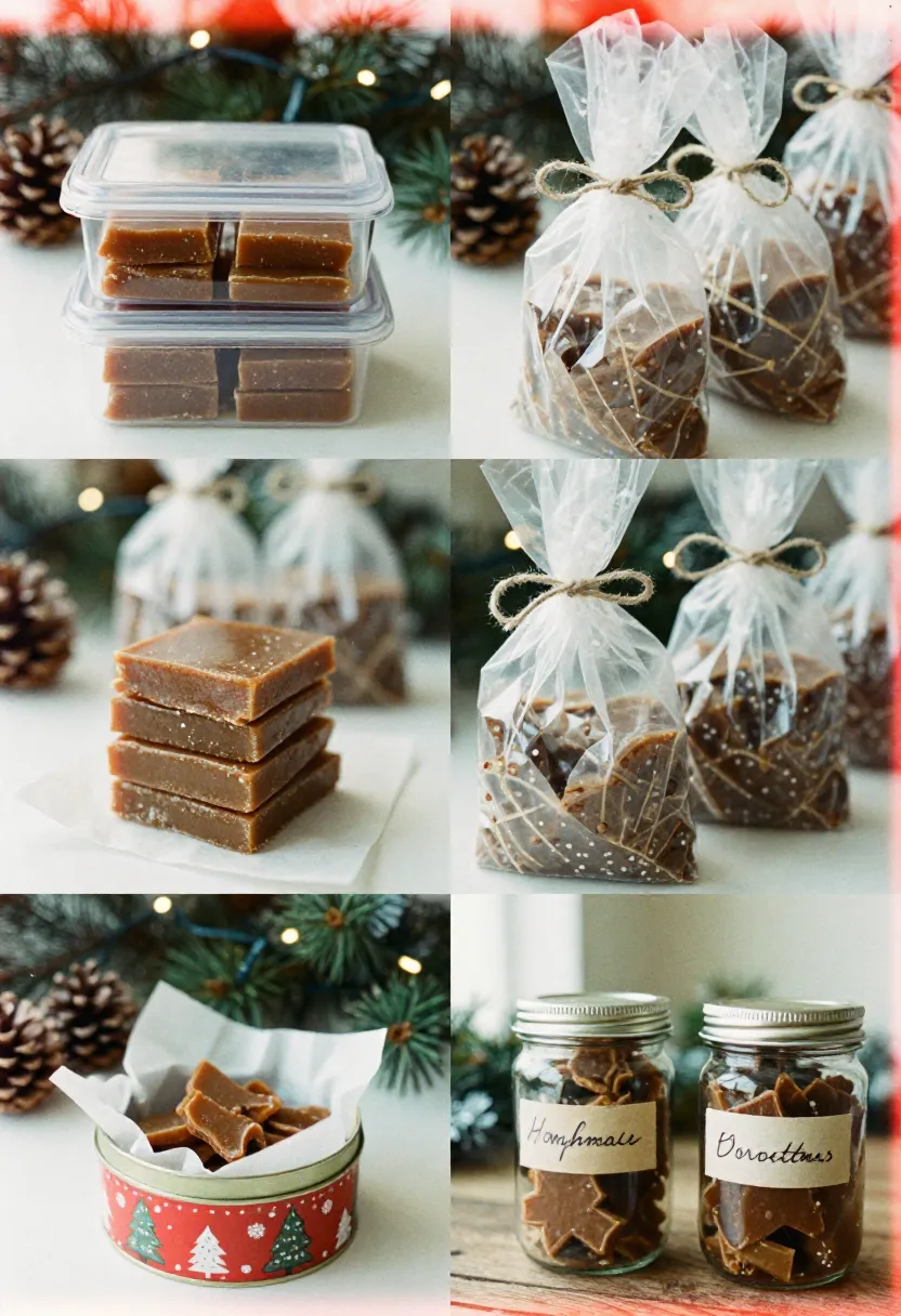 Christmas toffee stored in containers and packaged for gifting with festive decorations.