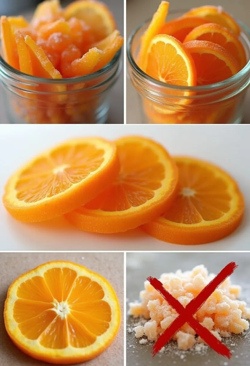 Collage showing candied orange slices stored in airtight containers, dusted with sugar, refrigerated, and not frozen.