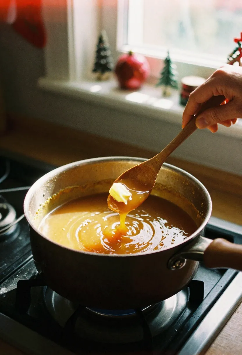 Bubbling Christmas toffee in a saucepan with a wooden spoon in a cozy holiday kitchen.