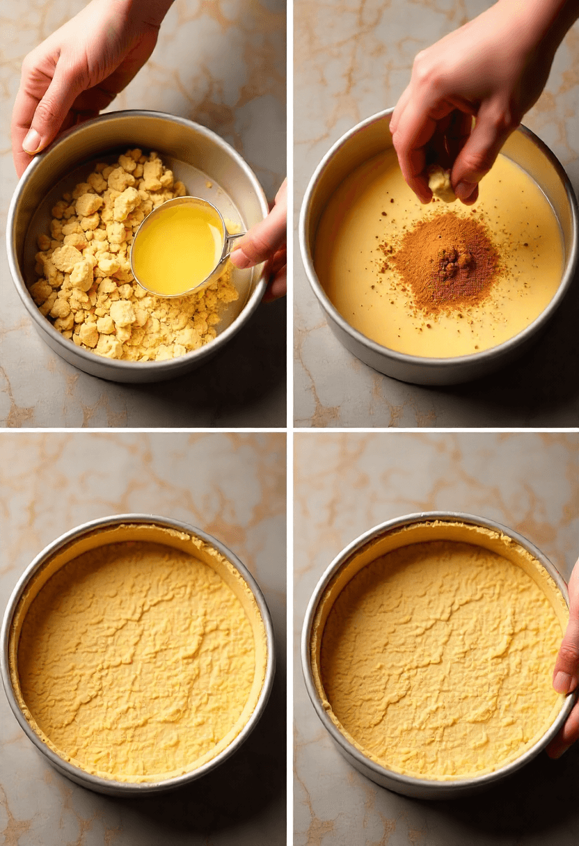 Step-by-step collage of preparing a buttery cheesecake crust with cookies, nuts, and cinnamon.