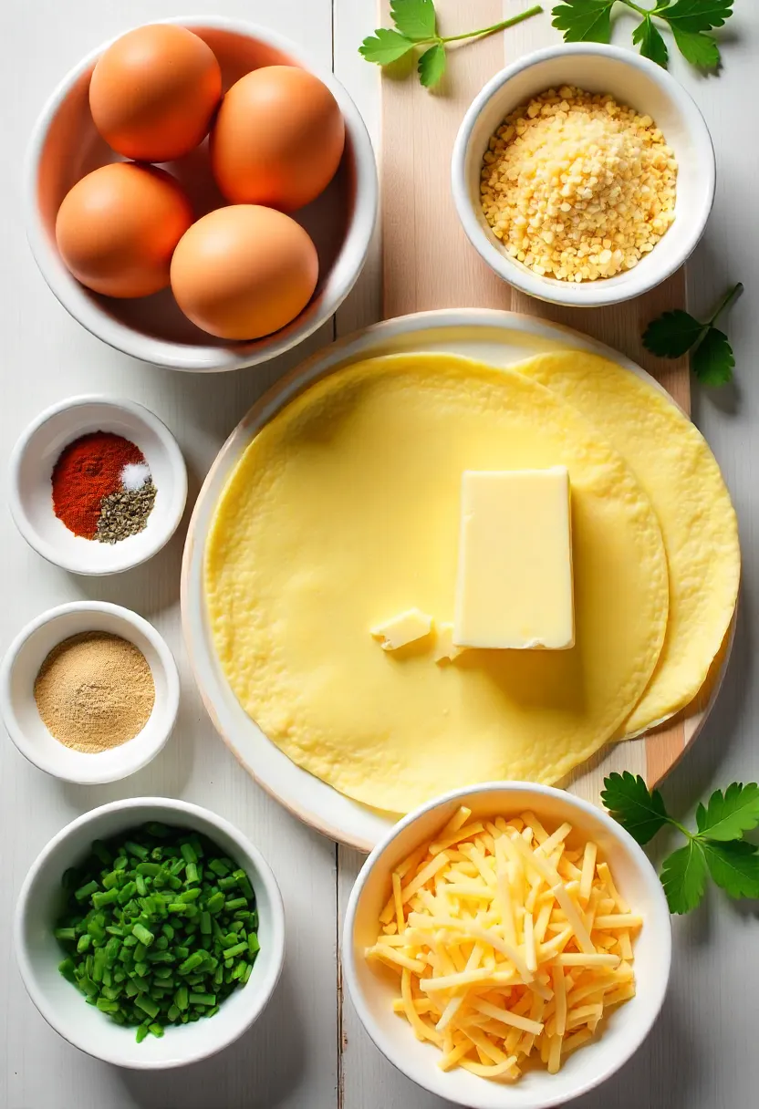 Ingredients for a cheese omelette: eggs, butter, grated cheeses, herbs, and optional cream or spices.