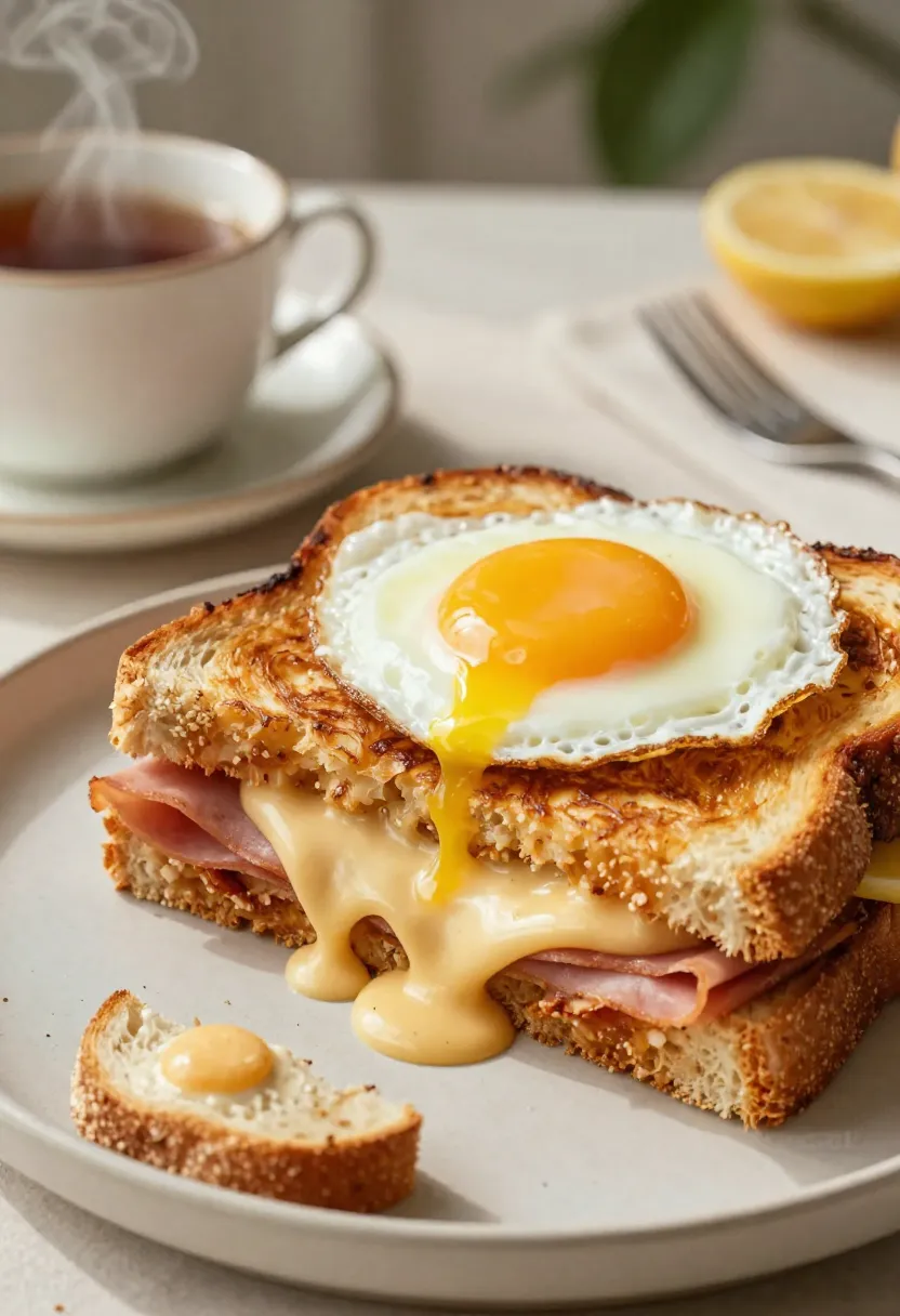 Ingredients for Croque Madame: bread, ham, cheese, béchamel sauce, and a fried egg, displayed on a cozy kitchen table.