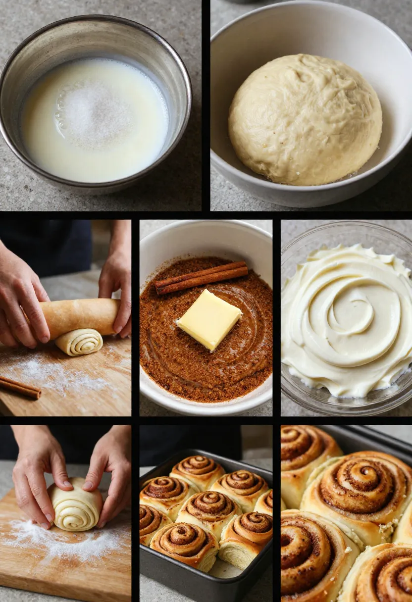 Collage of cinnamon roll ingredients, dough, filling, frosting, and baked rolls with hands preparing them.