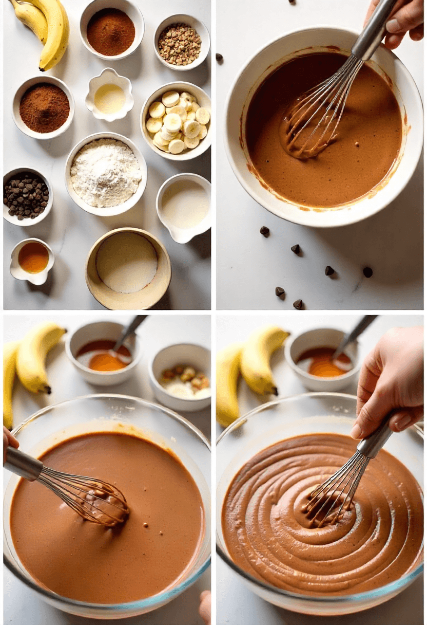Chocolate banana pancake batter with ingredients and toppings in a cozy kitchen scene.