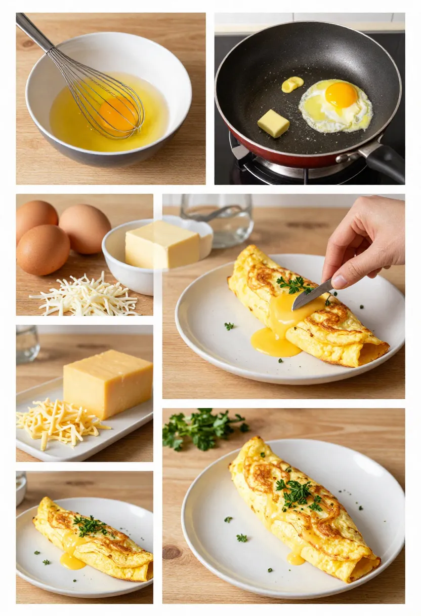 Collage showing the steps to make a cheese omelette: whisking eggs, melting butter, adding cheese, folding, and plating.
