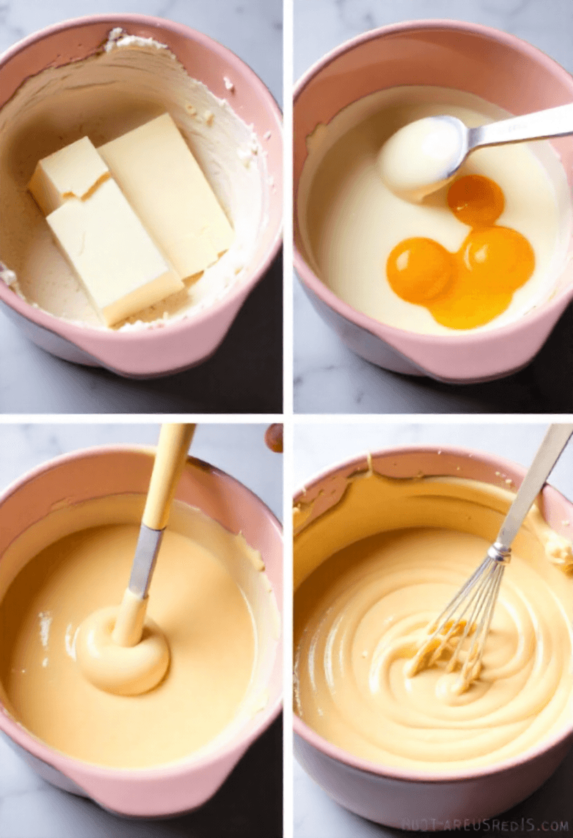 Step-by-step collage of making creamy strawberry cheesecake filling with cream cheese, eggs, and vanilla.