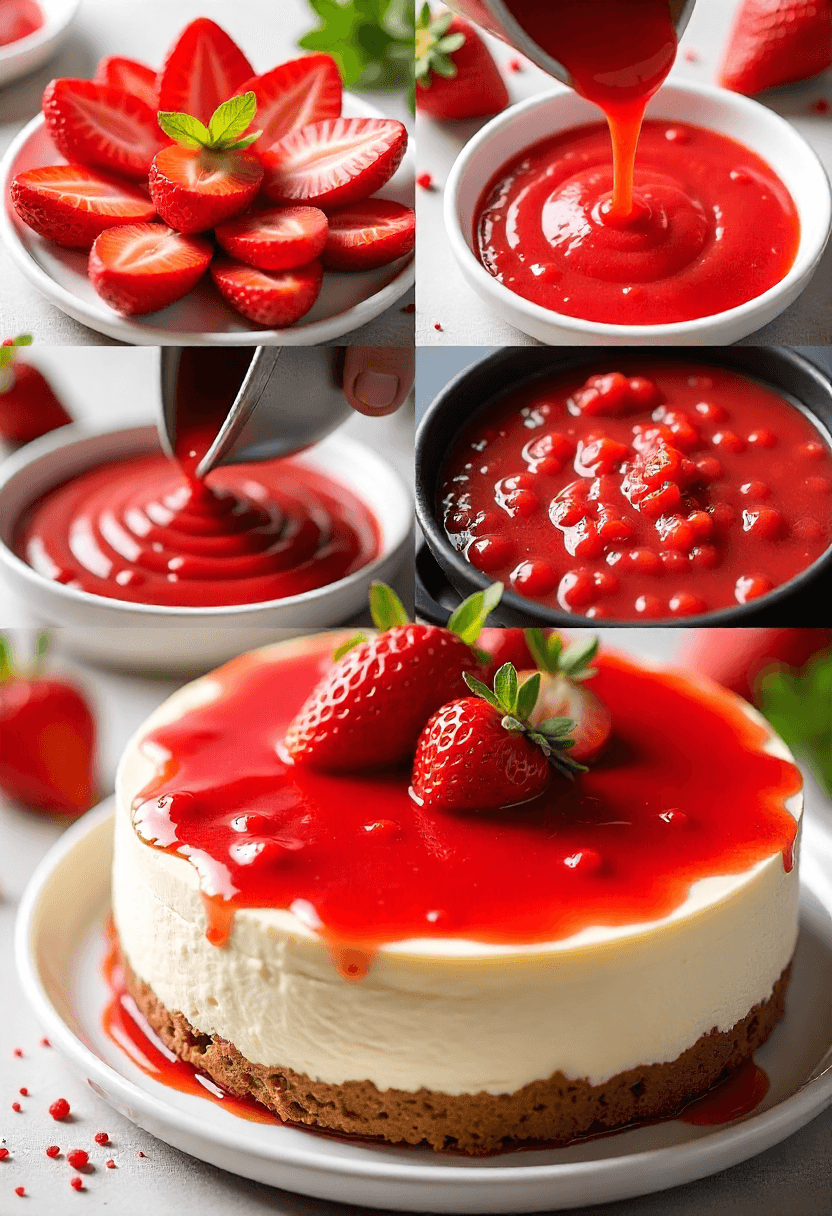 Step-by-step collage of adding fresh and cooked strawberry topping to a cheesecake.