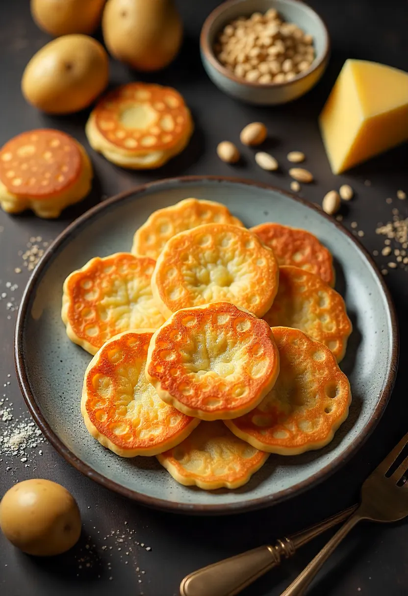 Collage showing history of potato pancakes with latkes, potatoes, cheese, grains, and Hanukkah symbols.