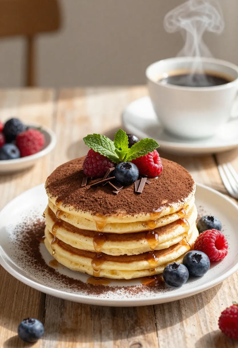 Vegan tiramisu pancakes with coffee syrup, creamy layers, cocoa, and berries on a wooden table.