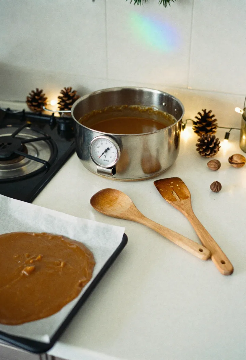 Essential tools for making Christmas toffee: saucepan, thermometer, spoon, spatula, and lined baking sheet.