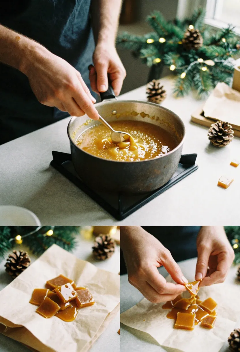 Baker making and wrapping homemade Christmas toffee in a cozy, festive kitchen.