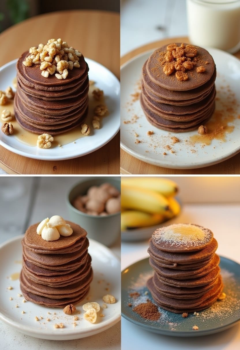 Chocolate banana pancakes in various styles: with nuts, peanut butter, spices, and vegan/gluten-free options.