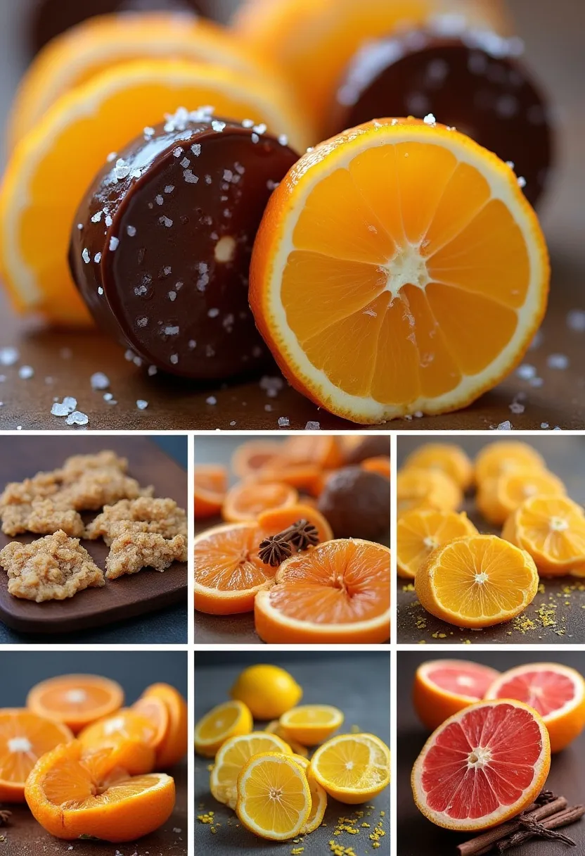 Collage of chocolate-dipped candied oranges, spiced slices, and alternative citrus varieties like lemons, grapefruit, and blood oranges.