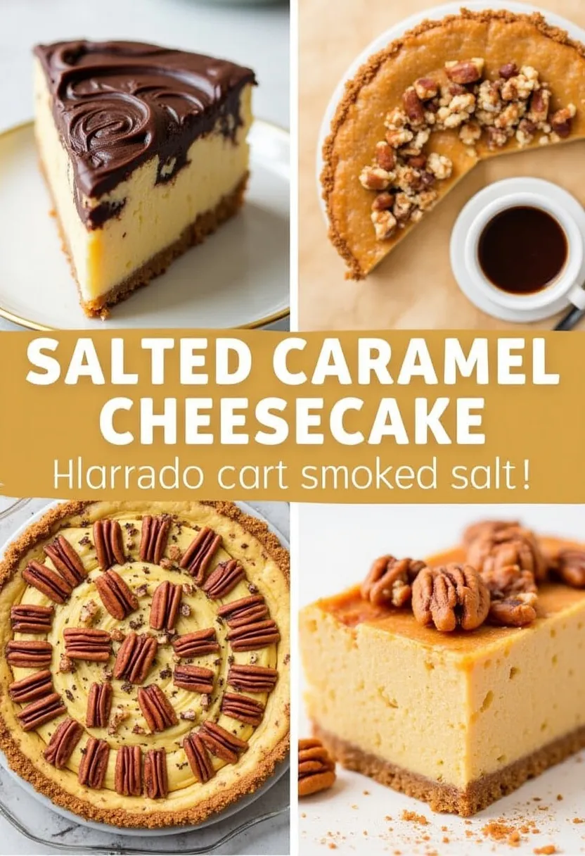 Collage of salted caramel cheesecake variations with chocolate swirls, nuts, espresso, and spices.