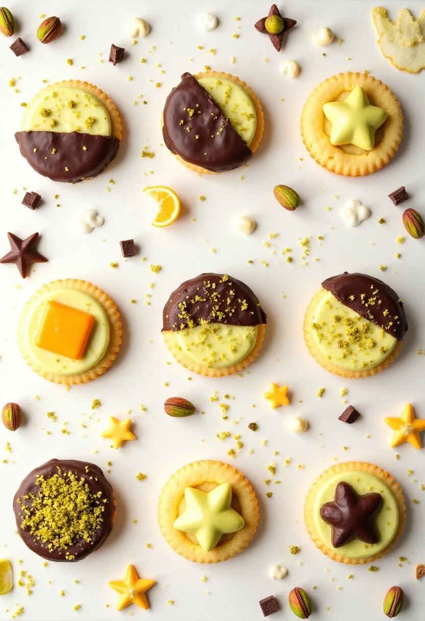 Collage of pistachio cream cookies with citrus, chocolate, cardamom, and fun shapes.