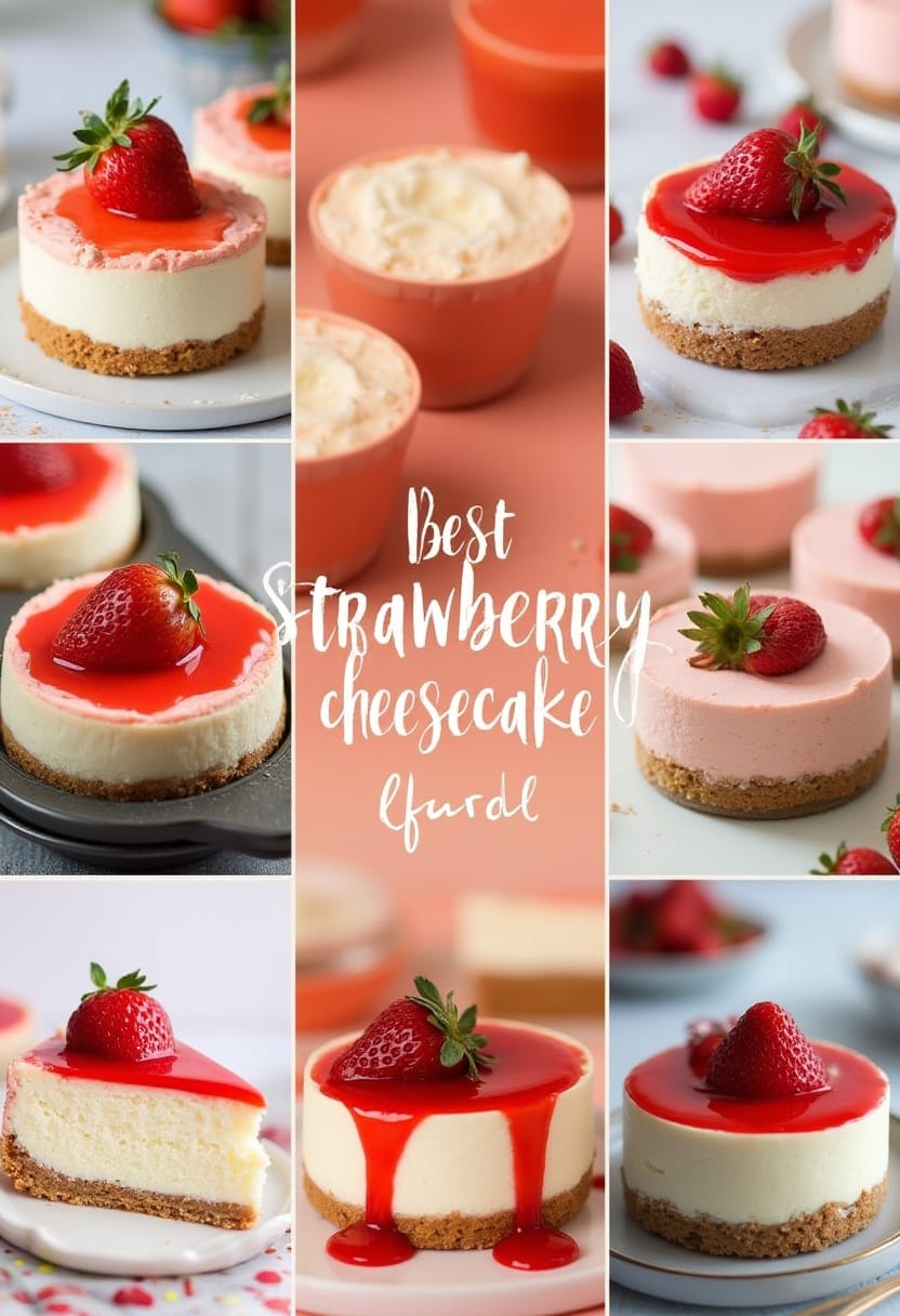 Collage of various strawberry cheesecake styles: no-bake, mini, gluten-free, lighter, and double-layered.