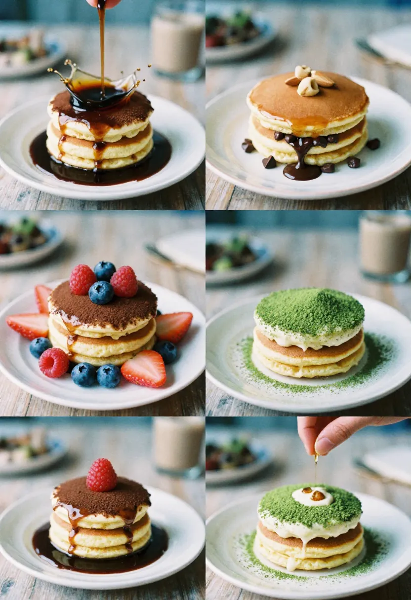 Collage of vegan tiramisu pancakes showing variations: coffee liqueur, chocolate chips, berries, matcha, and flavored cream.