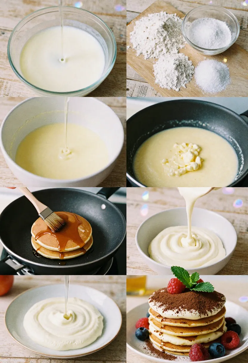 Vegan tiramisu pancakes with coffee-soaked layers, creamy vegan filling, cocoa, berries, and ingredients on a wooden table.