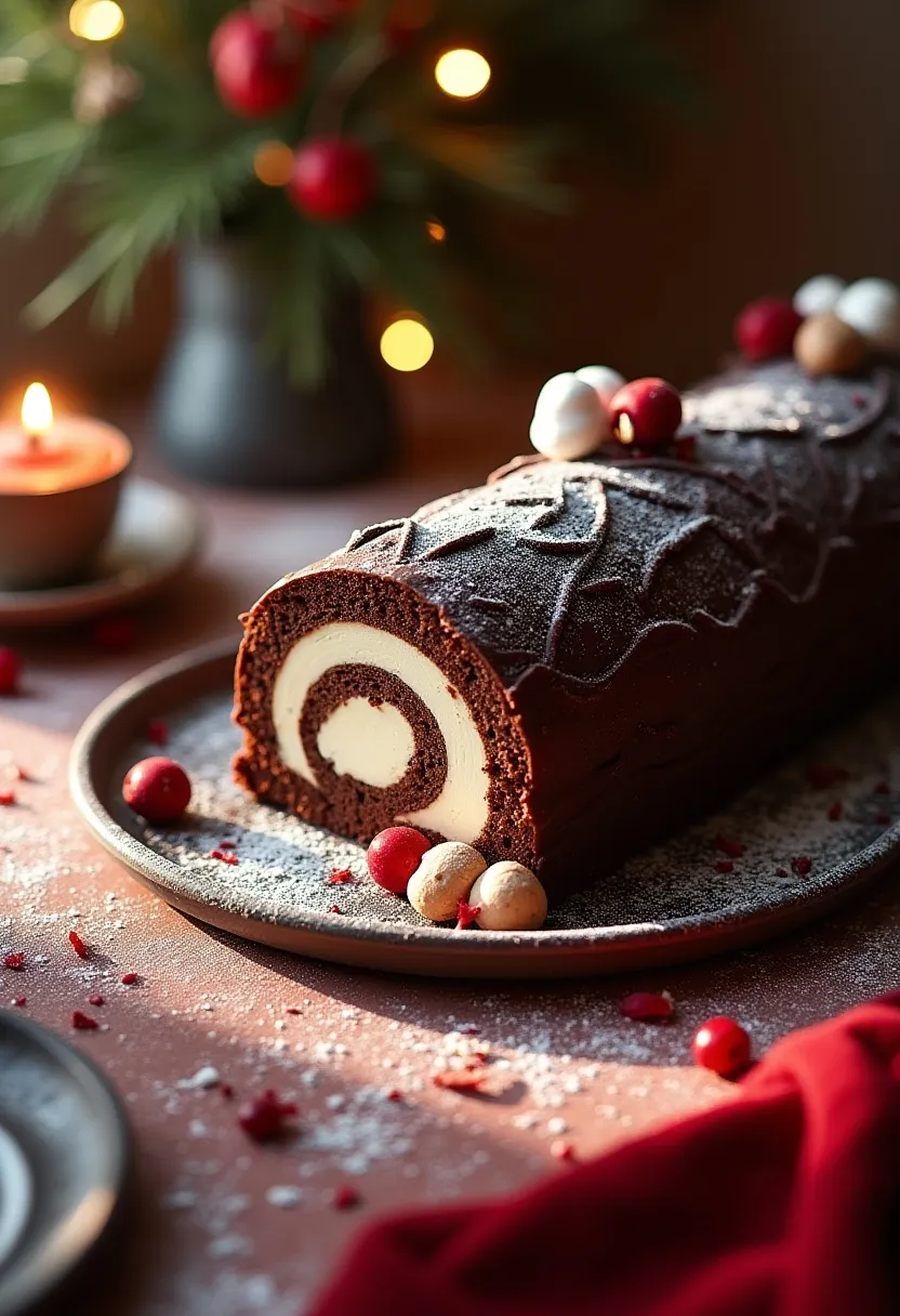Handcrafted Yule Log cake with textured chocolate ganache, berries, and meringue mushrooms.