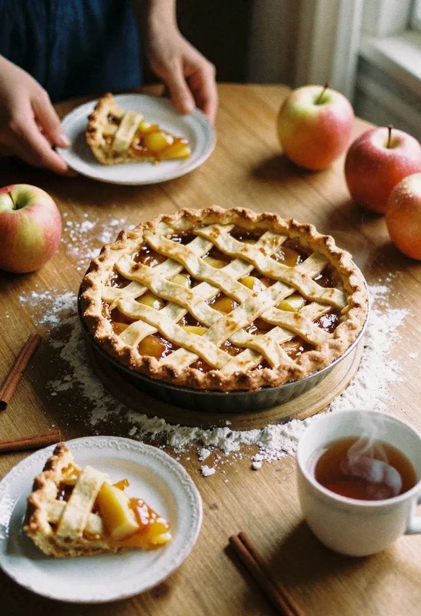 Golden-baked apple pie with lattice crust on a rustic table, surrounded by apples and spices, evoking warmth, nostalgia, and homemade comfort.