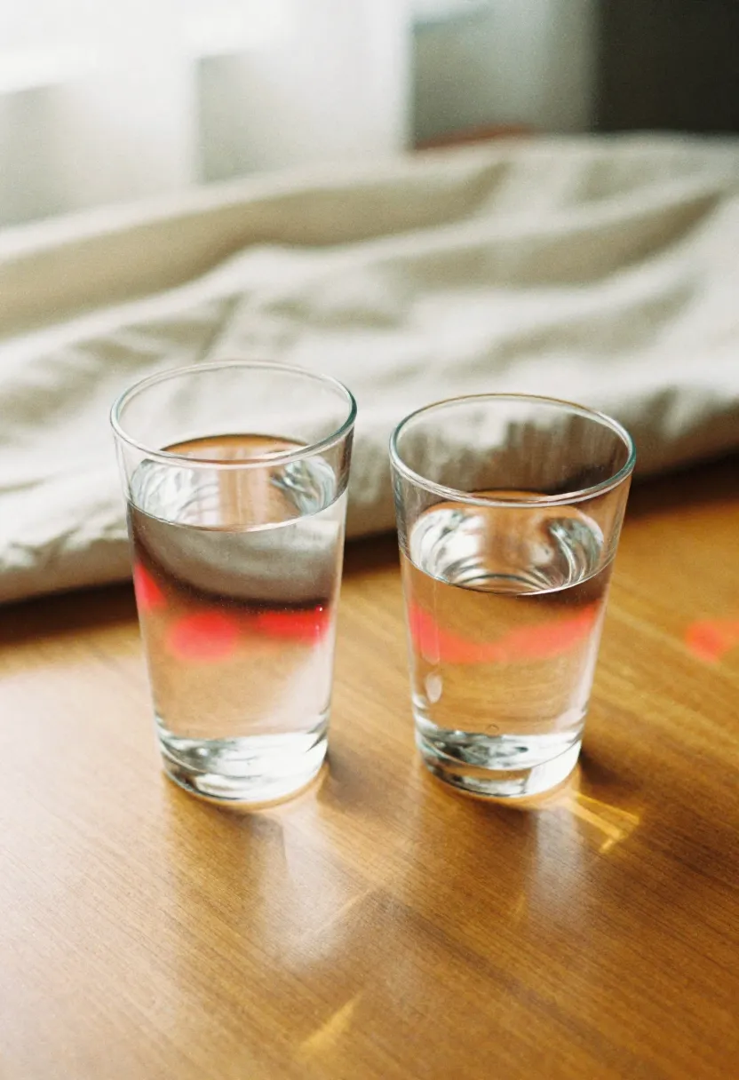 A full glass and a partially filled glass of water in soft natural light, symbolizing how hydration needs change with age.