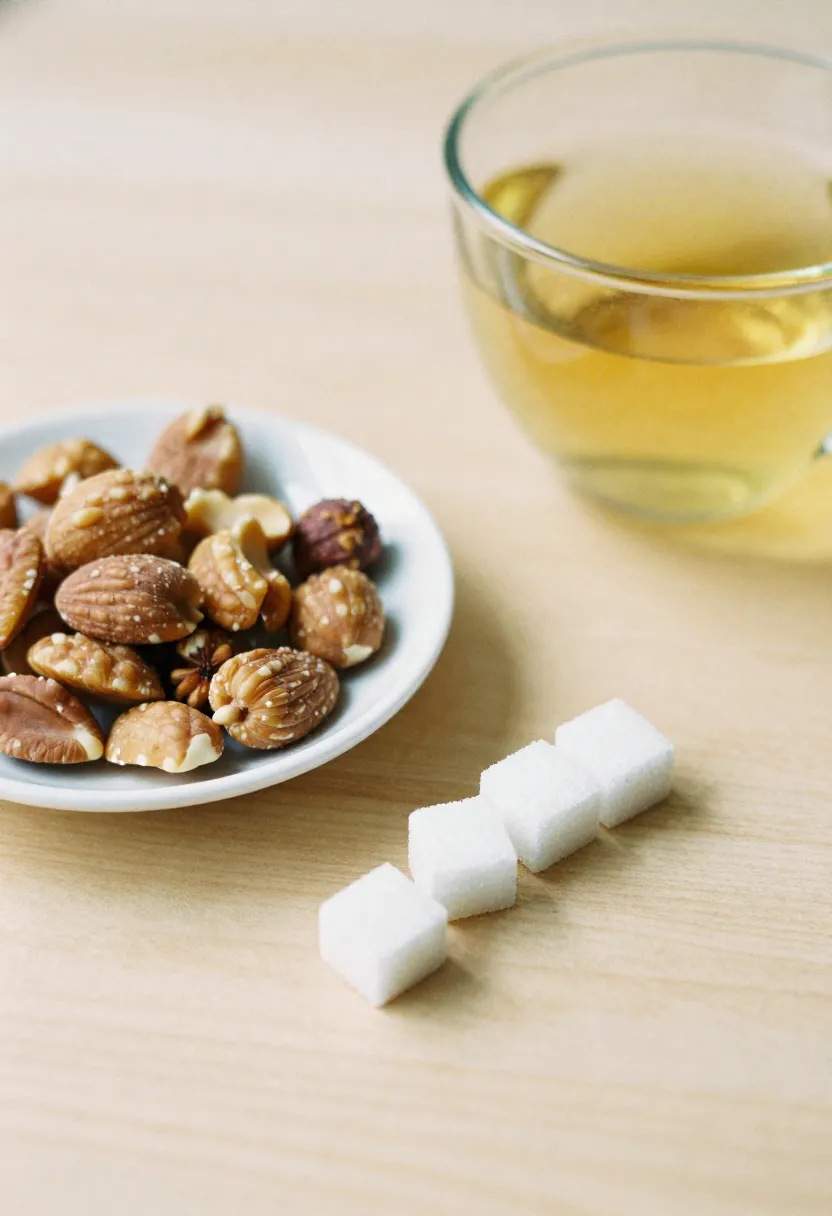 A plate of whole foods next to a few sugar cubes, with herbal tea in soft natural light, symbolizing how aging affects sugar tolerance and metabolism.