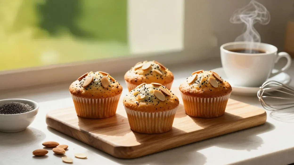 Fresh almond poppy seed muffins on a wooden board in a sunlit kitchen with coffee.