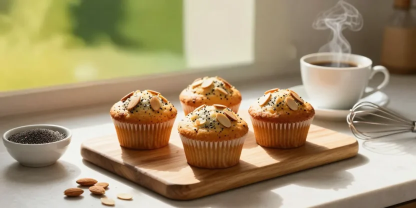Fresh almond poppy seed muffins on a wooden board in a sunlit kitchen with coffee.