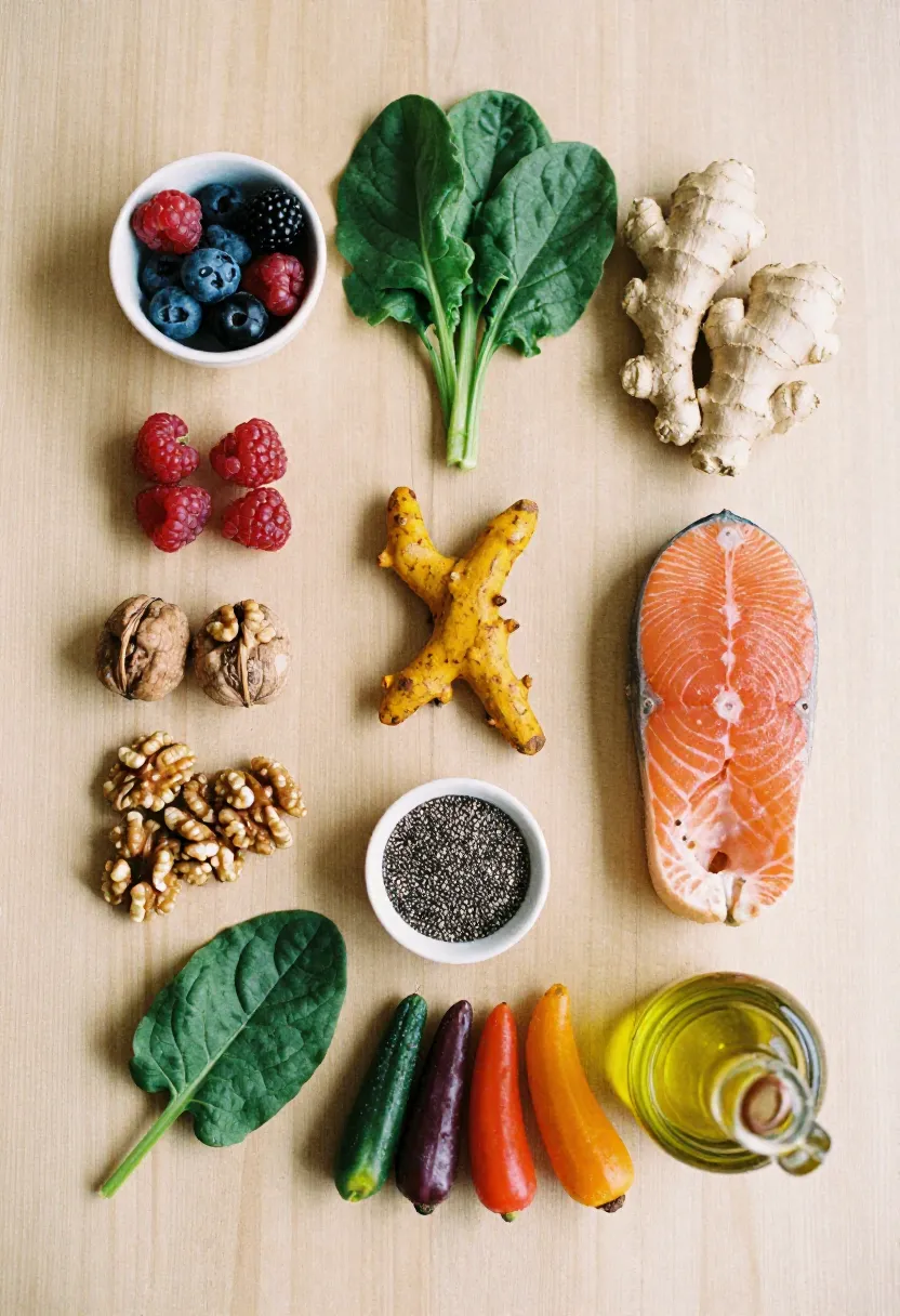 Flat-lay of anti-inflammatory foods like berries, greens, turmeric, and salmon arranged in a warm, natural composition.