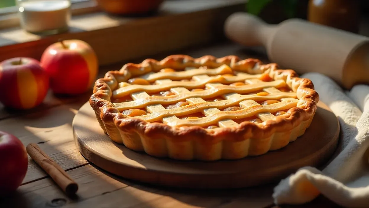 Freshly baked apple pie with lattice crust on a rustic wooden table, surrounded by apples and baking ingredients, evoking cozy autumn vibes.
