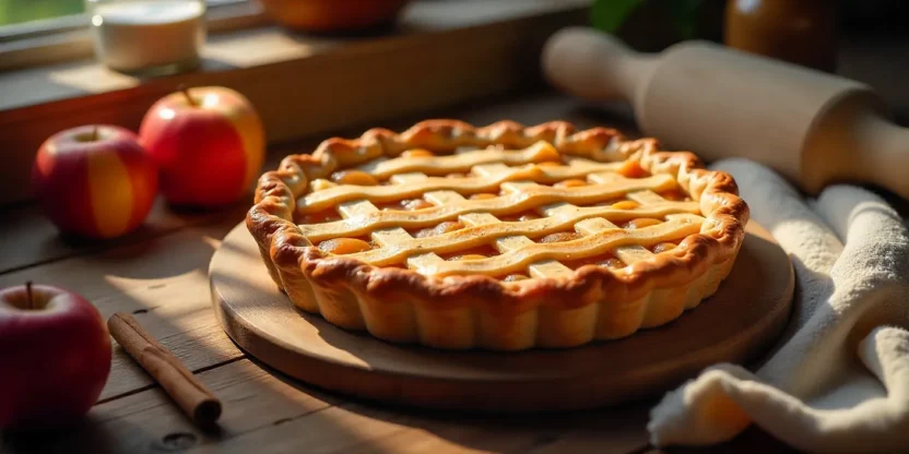 Freshly baked apple pie with lattice crust on a rustic wooden table, surrounded by apples and baking ingredients, evoking cozy autumn vibes.