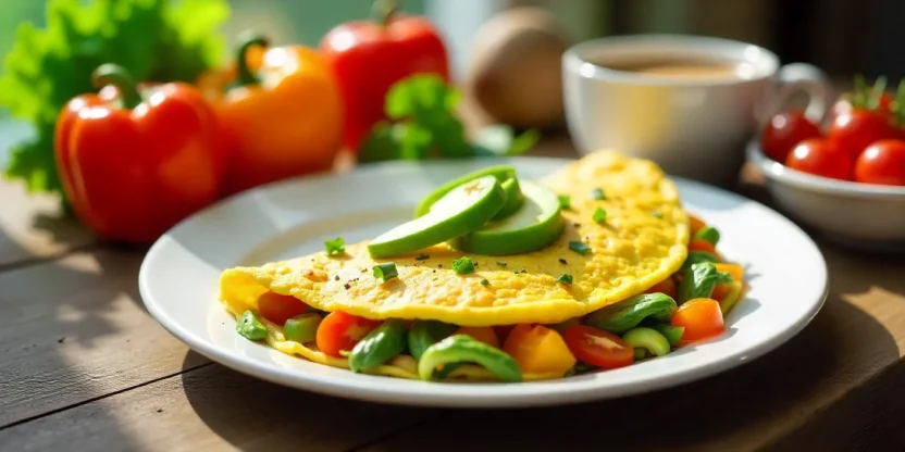 Veggie and avocado omelet with fresh vegetables and coffee on a wooden table.