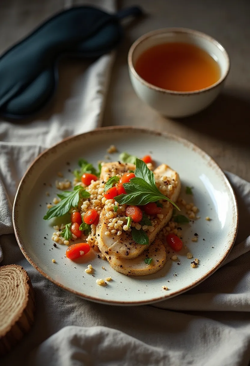 Flat-lay of a light early meal with a sleep mask and herbal tea, symbolizing avoiding late-night eating.